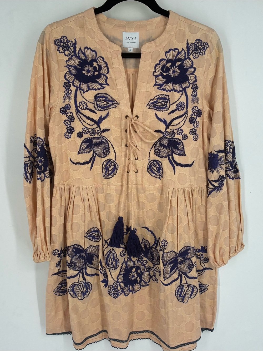 MISA Los Angeles Small Embroidered Floral Bohemian Dress Boho Cotton Polka Dot - Picture 2 of 7